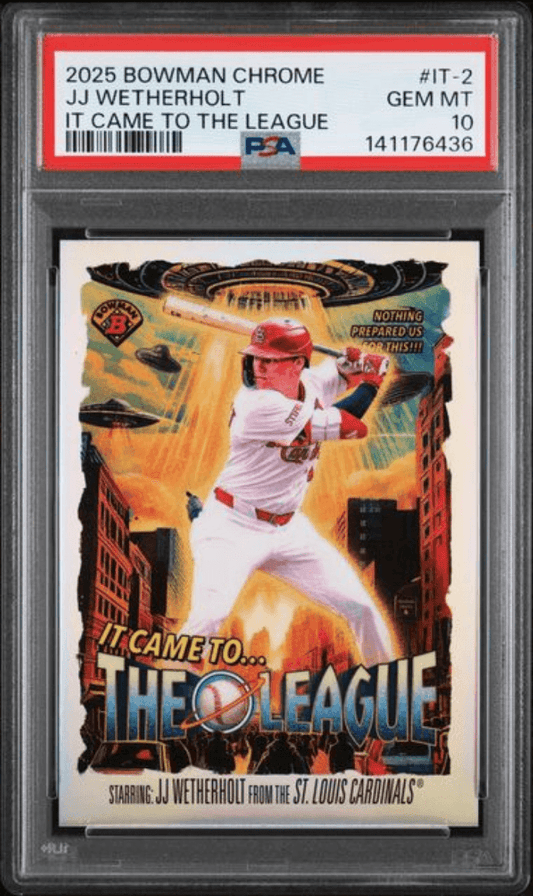 PSA-graded baseball card in plastic holder showing JJ Wetherholt in red Cardinals uniform mid-swing with yellow and orange design elements and "It Came to the League" text.