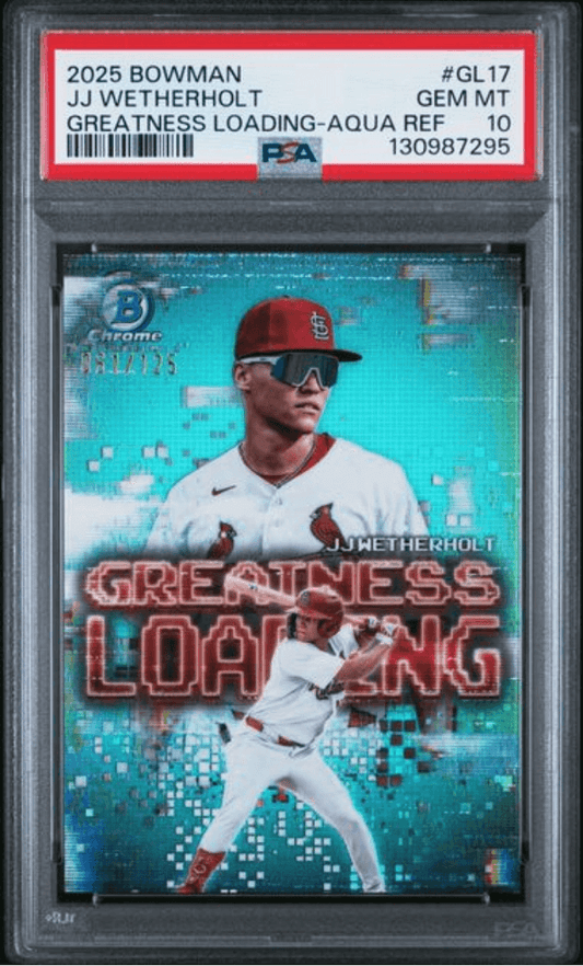 PSA-graded trading card in clear case displaying JJ Wetherholt in Cardinals uniform on turquoise pixelated background with red label.