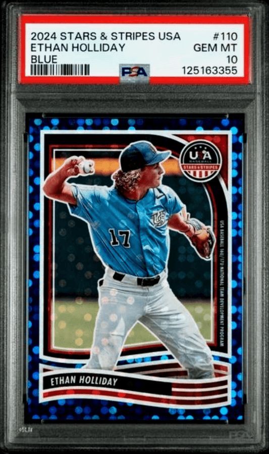 PSA-graded 2024 Panini Stars & Stripes baseball card #110 featuring Ethan Holliday in blue uniform, shown front-facing in protective slab with red label.