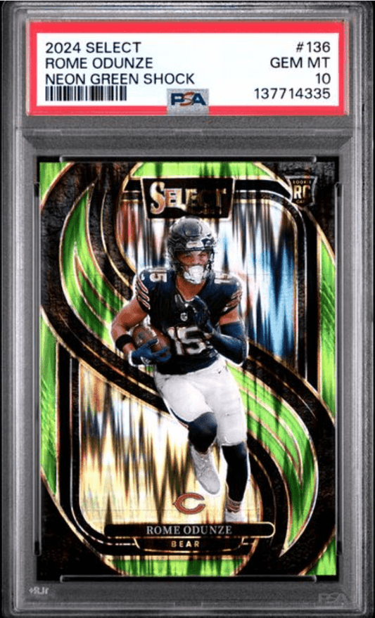 PSA-graded trading card in clear case displaying Rome Odunze football card with neon green shock finish and player photo.
