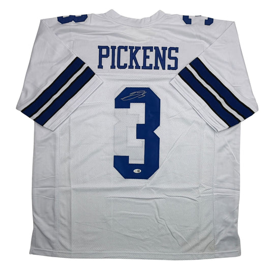 White football jersey with "PICKENS" and number 3 in navy blue, displayed flat front view showing signed autograph.