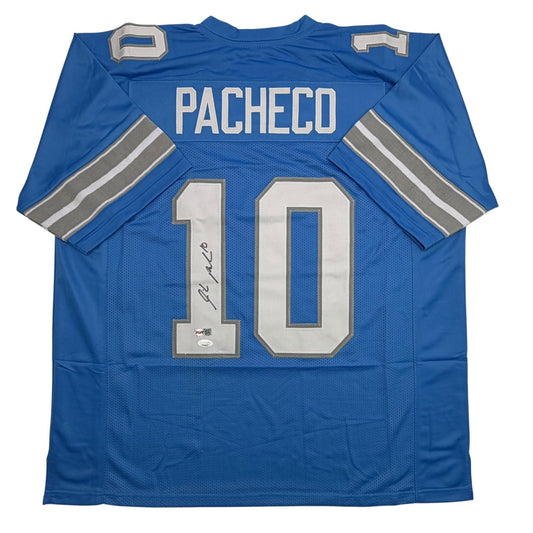 Blue Detroit football jersey #10 with "PACHECO" across chest and autographed signature on number, flat lay front view.