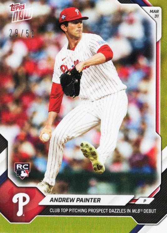 Andrew Painter in red Phillies uniform mid-pitch, gold foil baseball card with RC logo and player name visible.