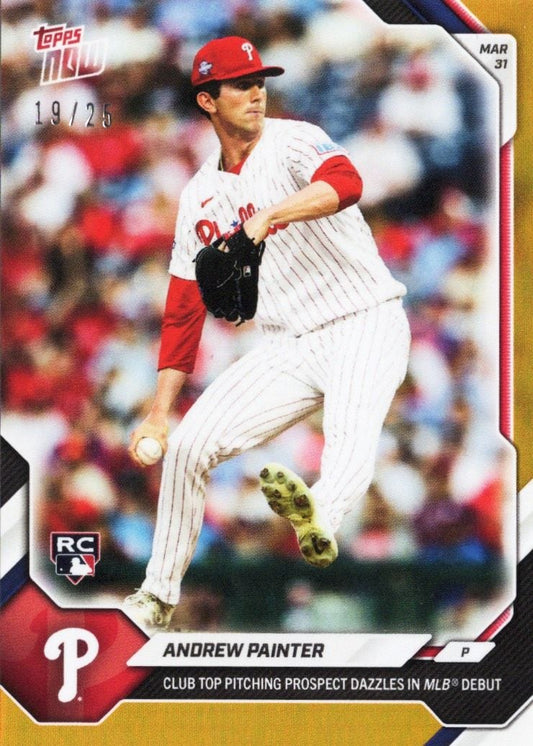 Andrew Painter mid-pitch in red Phillies uniform on white pinstriped jersey, Topps baseball card with orange foil border and RC logo.