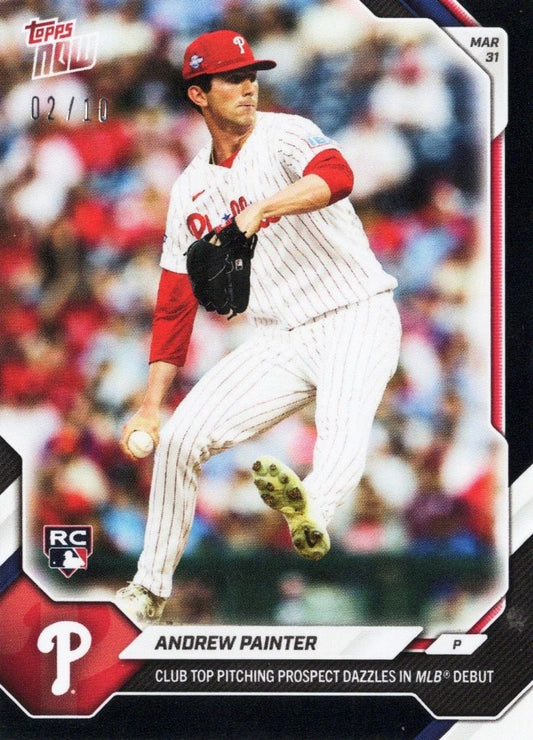Philadelphia Phillies pitcher Andrew Painter in white pinstriped uniform mid-delivery against blurred stadium background on black foil baseball card.