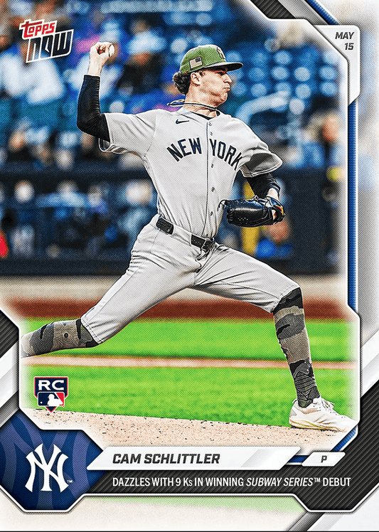 Cam Schlittler baseball card showing pitcher mid-throw in gray Yankees uniform against blurred stadium background.