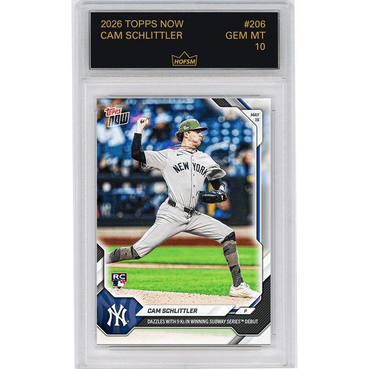 Graded baseball card in clear plastic case showing Cam Schlittler pitching in New York Yankees uniform with grading label at top.