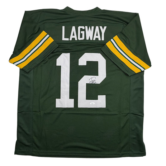 Green mesh college football jersey with "LAGWAY" and number "12" in white, yellow and white striped sleeves, displayed flat against white background.