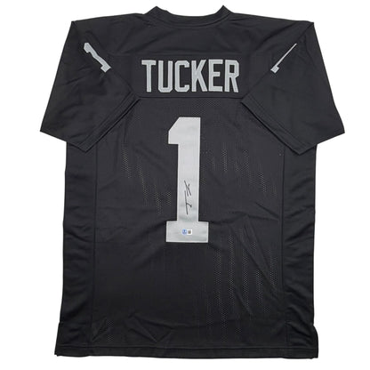 Autographed/Signed Tre Tucker Oakland Las Vegas Black Football Jersey Beckett BAS COA
