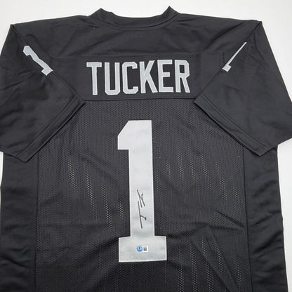 Autographed/Signed Tre Tucker Oakland Las Vegas Black Football Jersey Beckett BAS COA