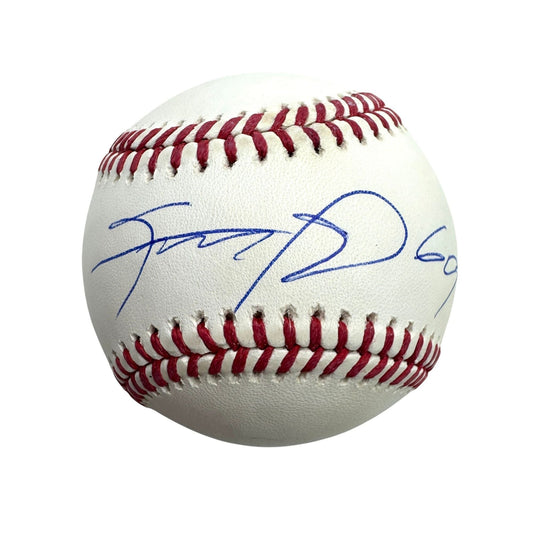 White leather baseball with red stitching and blue autographed signature reading "Sammy Sosa 609 HR" on center panel.