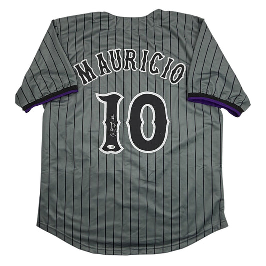 Back view of gray pinstriped baseball jersey with "MAURICIO" and number "10" in white lettering and purple sleeve trim.