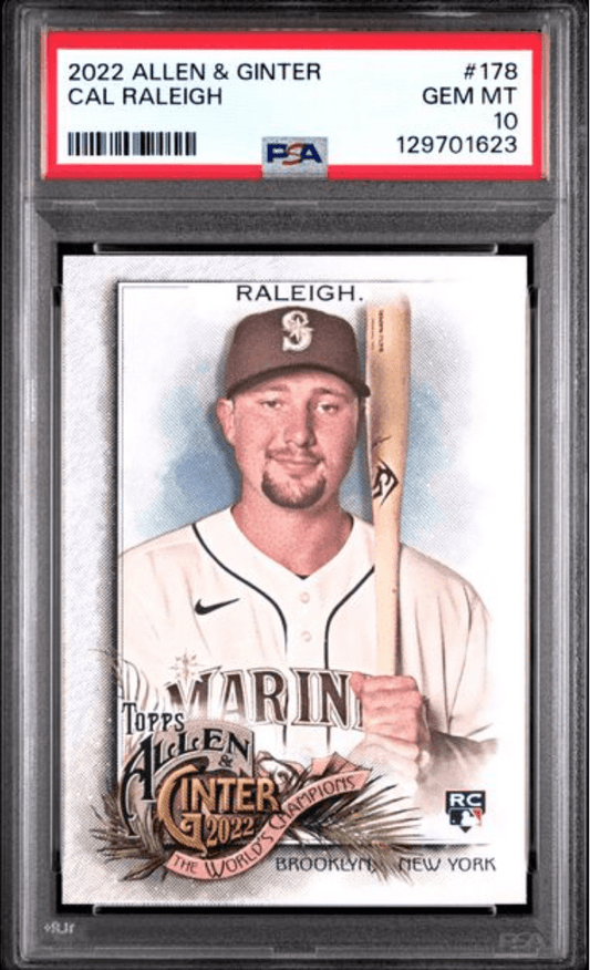 PSA graded 2022 Allen & Ginter Cal Raleigh rookie card in plastic holder showing front card design with player portrait, Mariners uniform, and red PSA label.