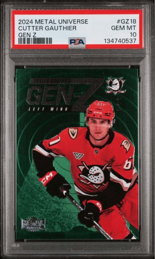 PSA-graded hockey card in clear case showing Cutter Gauthier in red Anaheim Ducks jersey against green background.