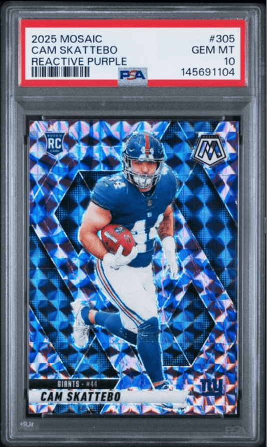 PSA-graded rookie card in clear case showing Cam Skattebo in Giants uniform on blue diamond-patterned background with purple reactive finish.