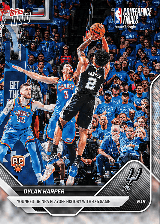 Dylan Harper shooting over Thunder defender in blue jersey during Conference Finals game, card front with black border and Spurs logo.