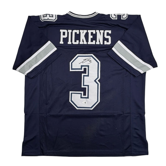 Navy blue football jersey with "PICKENS" and number 3 printed in white, displayed flat against white background, front view showing mesh fabric and shoulder stripes.