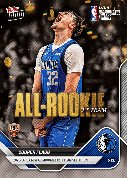 Cooper Flagg Dallas Mavericks basketball card front showing player in blue jersey number 32 celebrating, with gold "All-Rookie First Team" text and Topps Now branding.