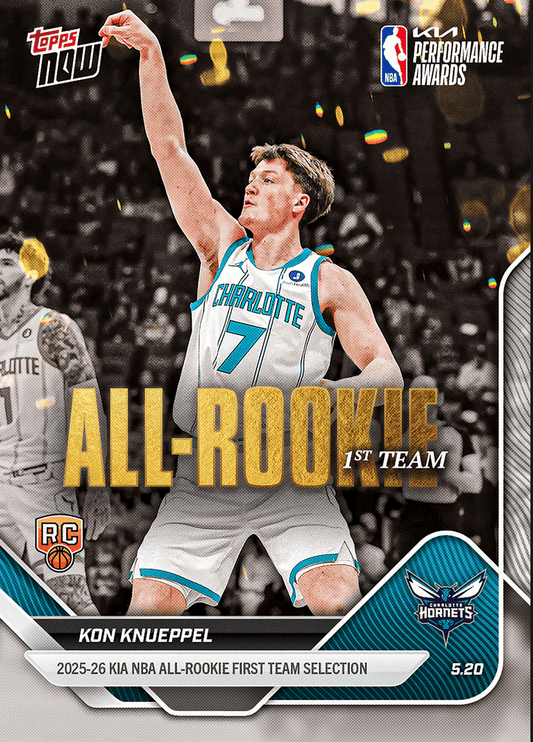 Kon Knueppel basketball card front showing player in Charlotte Hornets white jersey number 7 with fist raised, gold "All-Rookie" text overlay.