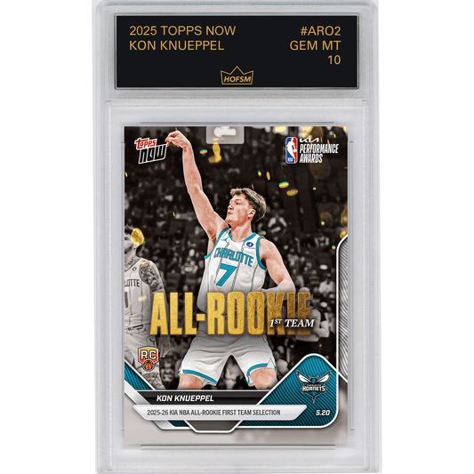 Graded sports trading card in clear plastic case displaying Kon Knueppel in Charlotte Hornets uniform with All-Rookie First Team designation and gold confetti background.