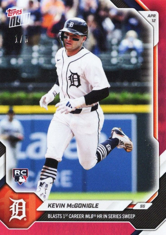 Kevin McGonigle running in Detroit Tigers white home uniform with sunglasses on red foil Topps baseball card.