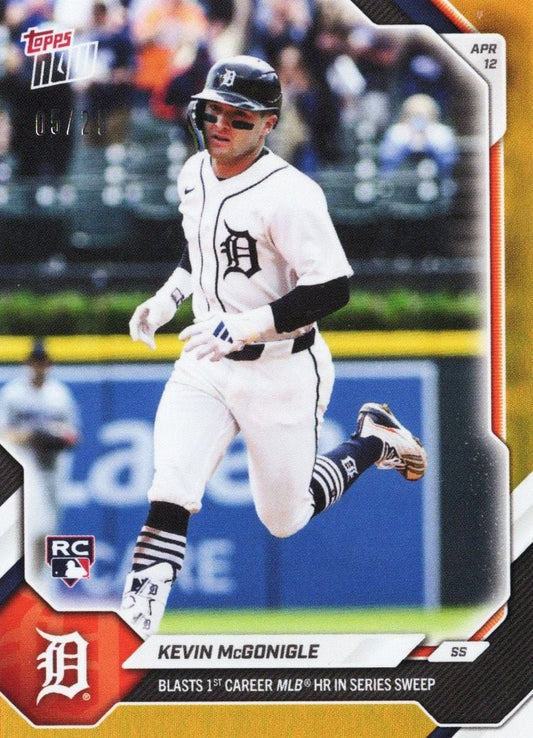 Detroit Tigers rookie Kevin McGonigle running the bases in white uniform with navy pinstripes on orange foil baseball card.