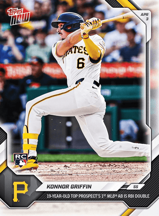 Konnor Griffin baseball card showing young Pirates shortstop mid-swing in white uniform with yellow trim against blurred stadium background.