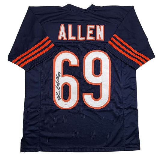 Navy blue Chicago Bears football jersey number 69 with "ALLEN" nameplate, signed in black marker, displayed flat.