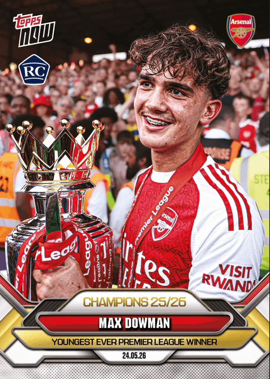 Max Dowman holds Premier League trophy wearing red Arsenal kit with crowd behind, smiling at camera on trading card.