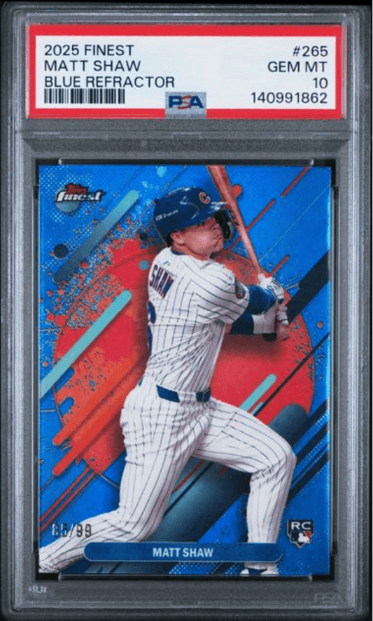 PSA-graded baseball card in clear case showing Matt Shaw in white pinstriped Cubs uniform mid-swing against blue and red refractor background.