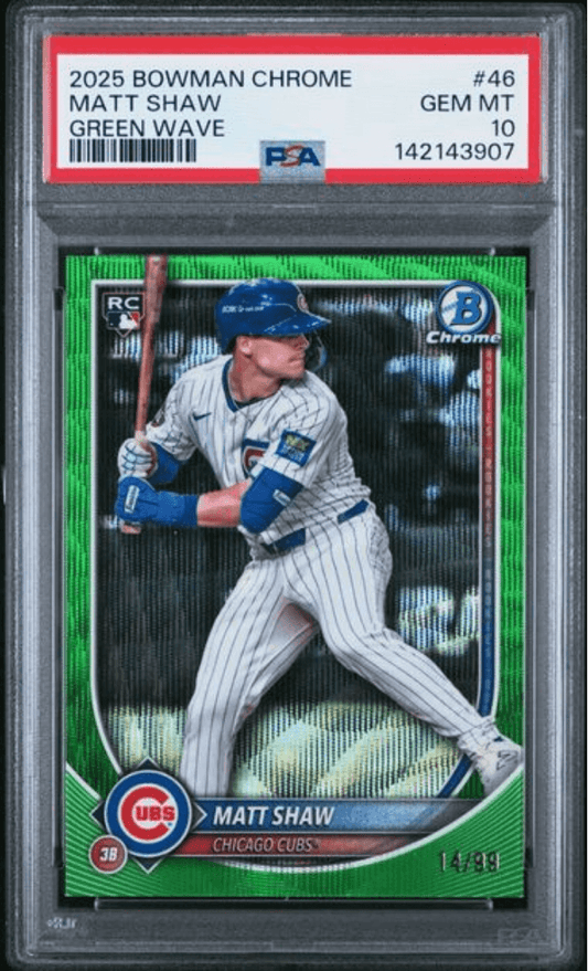 PSA-graded 2025 Bowman Chrome Matt Shaw rookie card in plastic holder, showing green-bordered card front with player in Cubs uniform mid-swing.