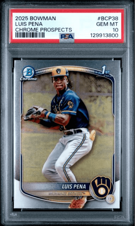 PSA-graded 2025 Bowman Chrome Prospects baseball card #BCP38 featuring Luis Pena in Milwaukee Brewers uniform, rated Gem Mint 10.