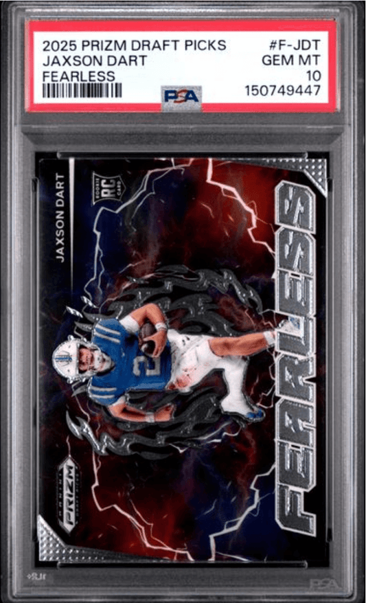 PSA-graded card in clear case displaying Jaxson Dart in blue uniform against red lightning background with "Fearless" text visible.