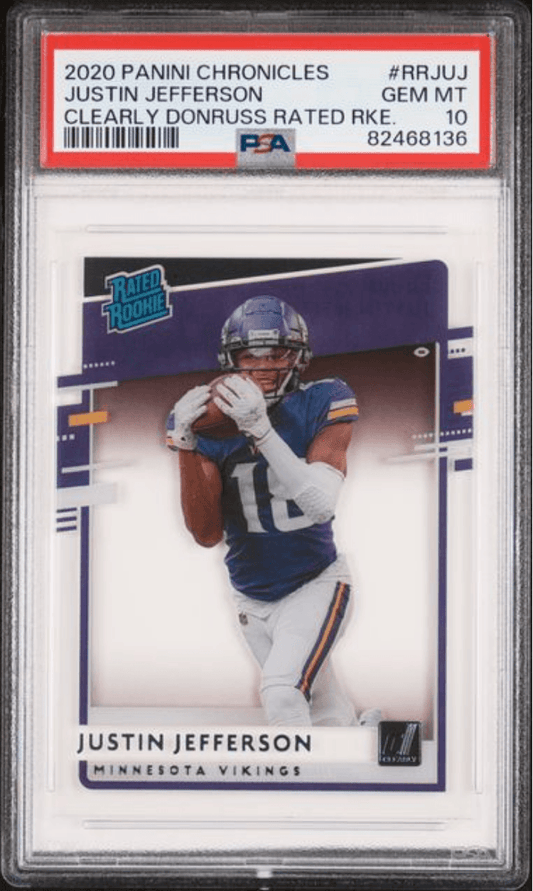 PSA-graded 2020 Panini Chronicles Justin Jefferson rookie card in clear plastic slab showing front with player photo and red label.