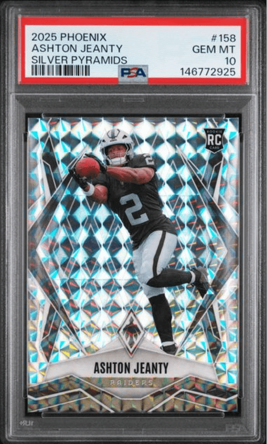 PSA-graded rookie football card in protective case displaying player catching ball against blue and white diamond-patterned background.