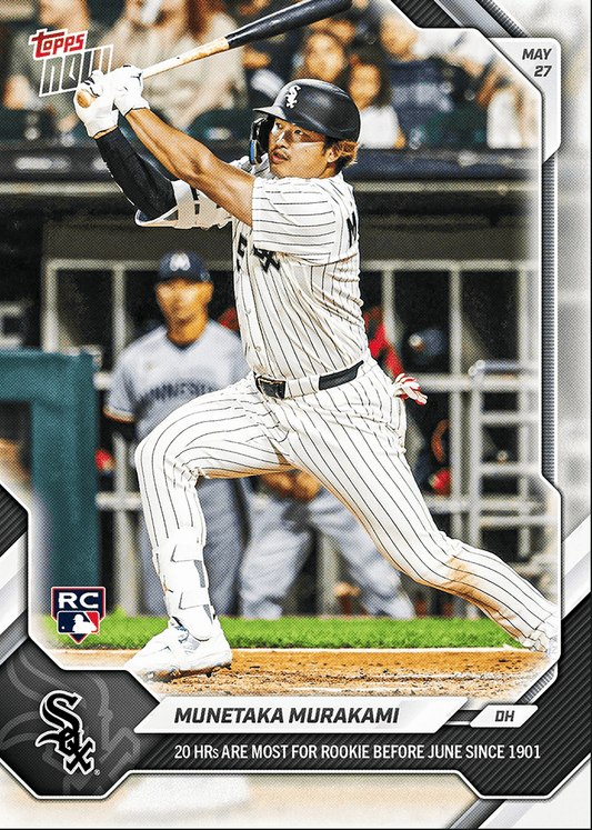 Munetaka Murakami in white pinstriped uniform mid-swing against blurred stadium background on Topps baseball card.