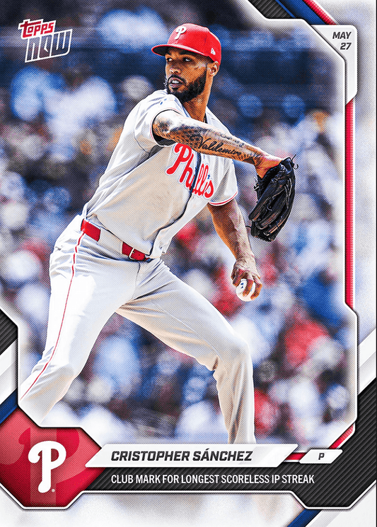 Philadelphia Phillies pitcher Cristopher Sánchez mid-delivery in white uniform on Topps Now baseball card dated May 27.