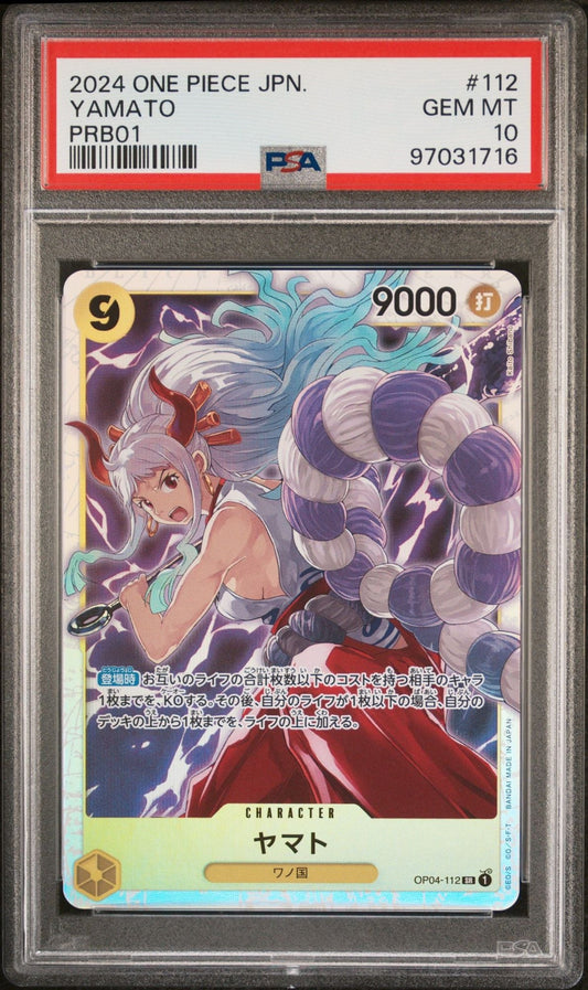 PSA-graded trading card in clear case showing Yamato character card with purple and white hair, 9000 power value, and Japanese text on light background.