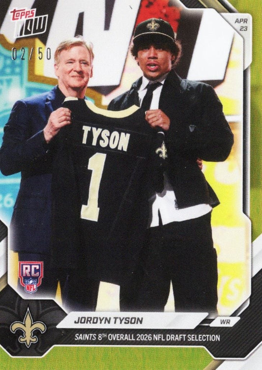 NFL commissioner and Jordyn Tyson hold black Saints jersey numbered 1 during 2026 draft selection ceremony.