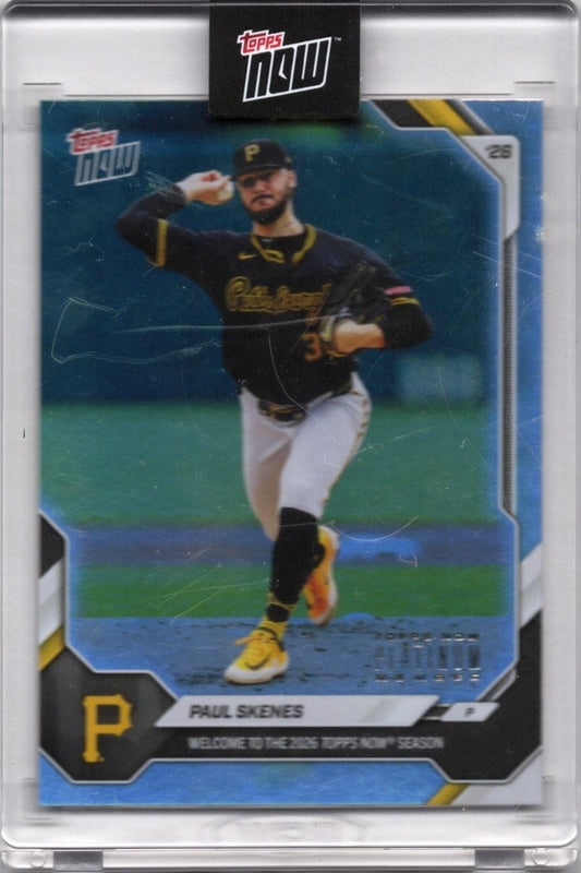 Baseball card showing Paul Skenes in Pittsburgh Pirates black uniform throwing a pitch, Topps Now branding at top, card number 25 visible.