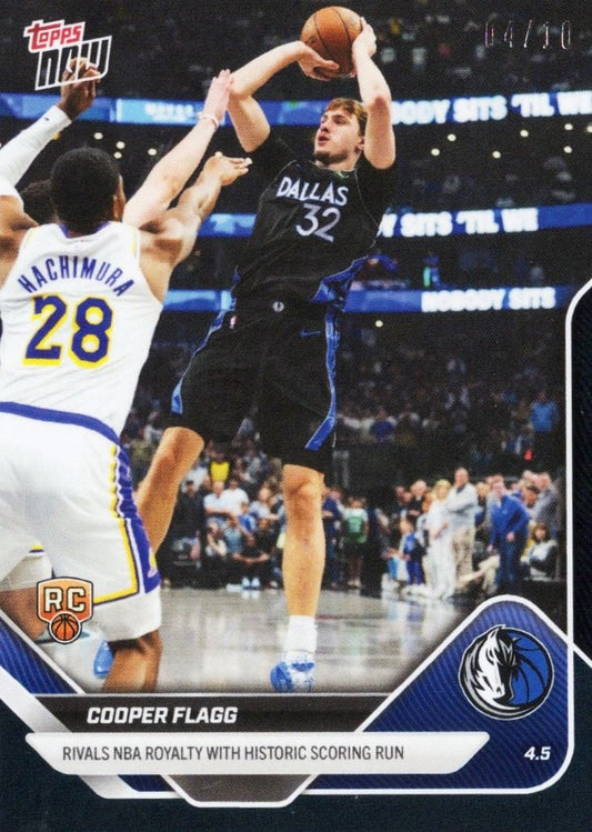 Cooper Flagg in Dallas Mavericks black jersey shooting over defender Nachimura in white Warriors uniform during NBA game.