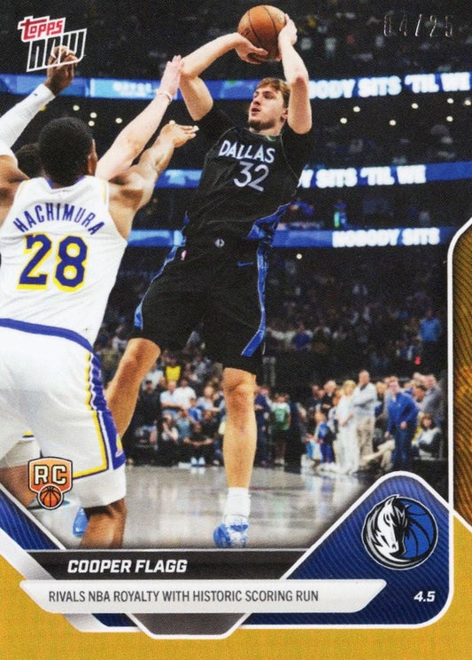 Cooper Flagg in Dallas Mavericks black jersey shooting over Golden State Warriors defender Achimuru in white jersey during NBA game.