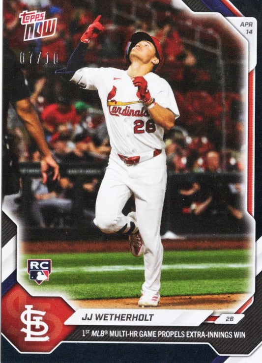 St. Louis Cardinals player #28 JJ Wetherholt in white uniform pointing skyward after hitting home run, Topps Now baseball card with black foil border.