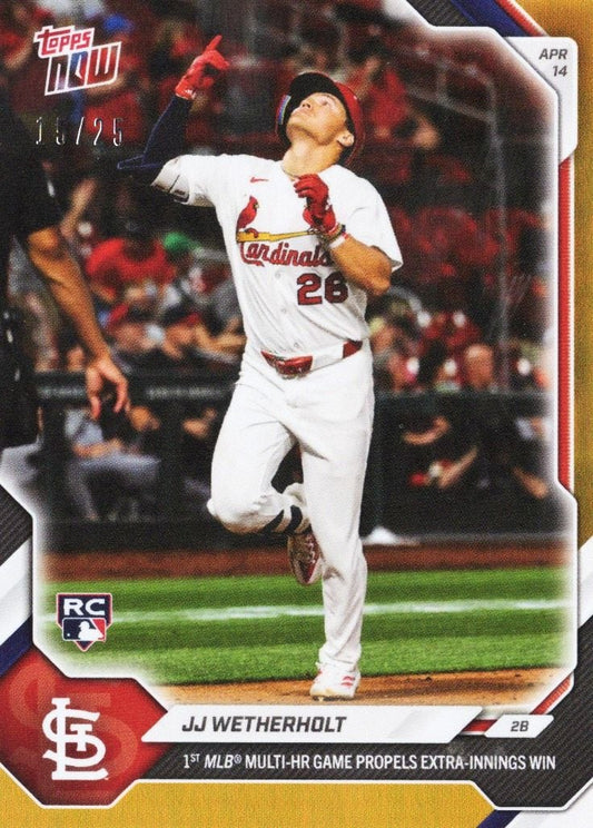 St. Louis Cardinals player #28 JJ Wetherholt in white uniform looking skyward after hitting baseball, Topps Now card with orange foil border and RC logo.