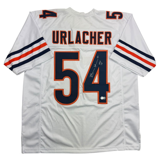 White Chicago Bears football jersey number 54 with "URLACHER" printed across chest, displayed flat against white background showing front view with navy and red striping on sleeves.