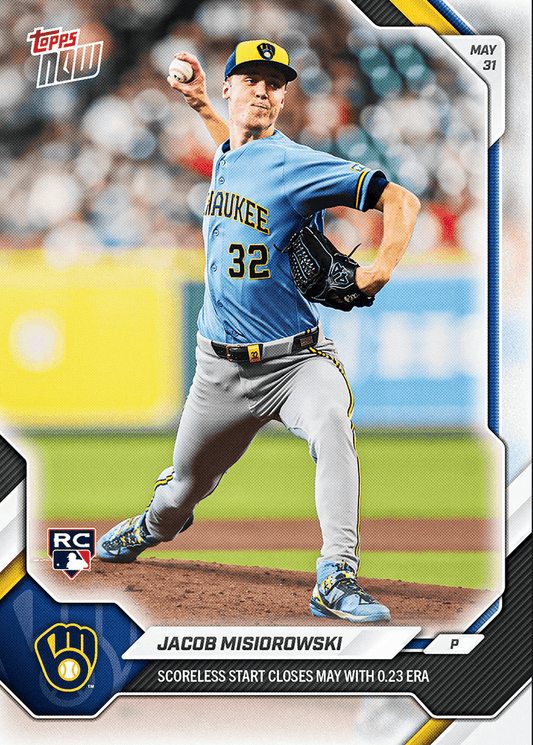 Pitcher Jacob Misiorowski in light blue Milwaukee Brewers uniform mid-delivery, card front showing player number 32 and statistics text.