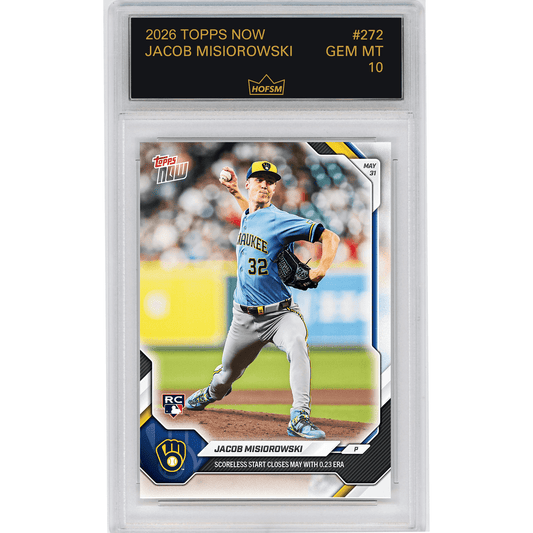 Front of graded baseball card showing pitcher Jacob Misiorowski in blue Milwaukee Brewers uniform mid-throw, encased in clear plastic holder with black label above.