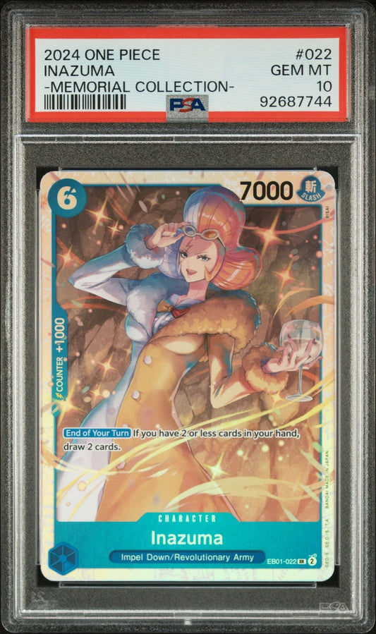 PSA 10 graded One Piece Inazuma trading card in protective case, showing character artwork with red label and barcode.