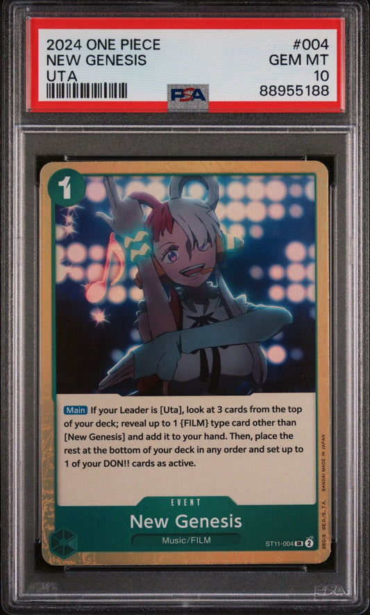 PSA-graded trading card in clear case showing anime character Uta with red hair against bokeh background, gold border, green text panel below.