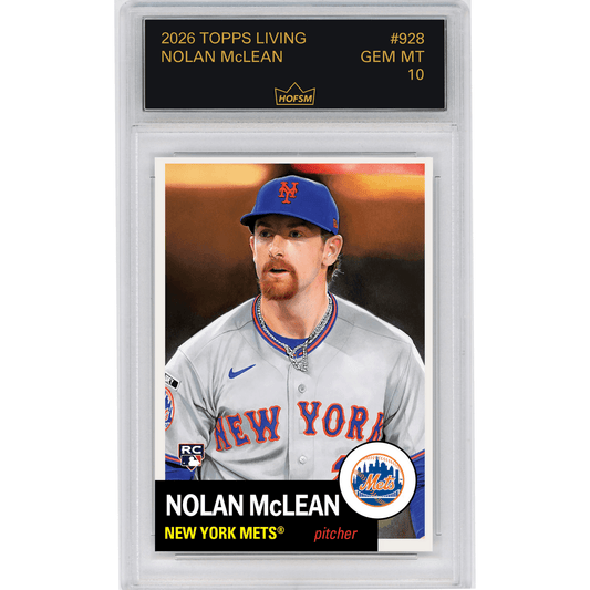 Graded baseball card in clear plastic case showing Nolan McLean in New York Mets uniform with black label and gold text at top.